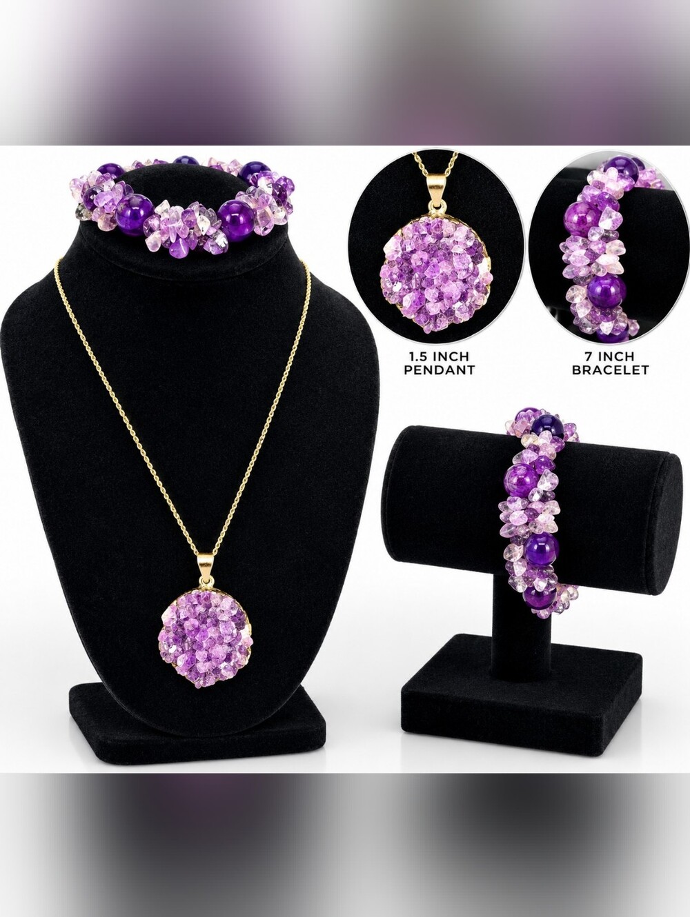 Vintage Amethyst Druzy Pendant Necklace & Stretch Bracelet Set